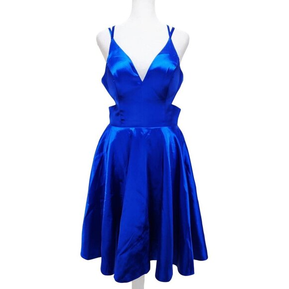 Strappy Blue Satin Fit Flare Mini Dress With Cut-Out Sides Z.Dreamer Size 6 - Picture 1 of 13